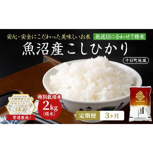 [3ヶ月定期便]特別栽培米 魚沼産こしひかり(十日町地域) 精米 2kg 米 お米 コシヒカリ 定期 十日町市
