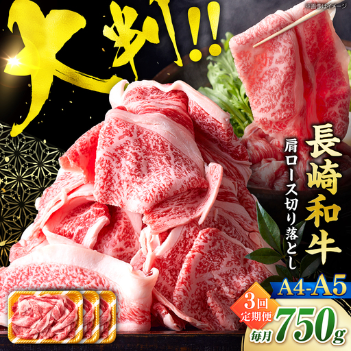 【3回定期便】艶さし！【A4?A5】長崎和牛大判霜降り贅沢切り落とし 計750g（250g×3パック）＜株式会社MEAT PLUS＞[CFT076]