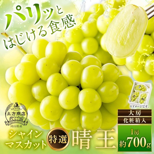 シャインマスカット 晴王 特選 大房 1房 約700g 化粧箱入 マスカット ぶどう ブドウ 葡萄 果物 くだもの フルーツ 果実 果汁 果肉 旬 種なし 皮ごと 大粒 冷蔵 贈答用 贈り物 プレゼント ギフト 国産 岡山県産 [ 2026年9月上旬から10月下旬迄発送 ]