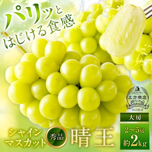シャインマスカット 晴王 秀品 大房 2 ～ 5房 約2kg マスカット ぶどう ブドウ 葡萄 果物 くだもの フルーツ 果実 果汁 果肉 旬 種なし 皮ごと 大粒 冷蔵 国産 岡山県産 【 2026年9月上旬から11月下旬迄発送 】