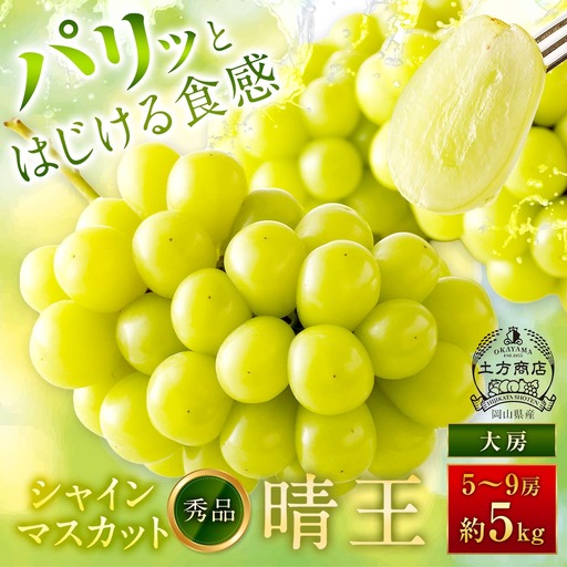 シャインマスカット 晴王 秀品 大房 5 ～ 9房 約5kg マスカット ぶどう ブドウ 葡萄 果物 くだもの フルーツ 果実 果汁 果肉 旬 種なし 皮ごと 大粒 冷蔵 国産 岡山県産 【 2026年9月上旬から11月下旬迄発送 】