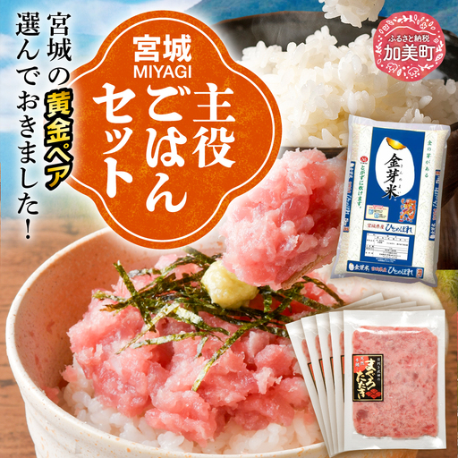 宮城主役ごはんセットB[まぐろたたき(80g×5)×金芽米(5kg)] | kami-w-sk-b