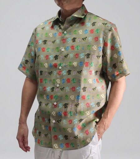 CLOFT 麻100%半袖プリントシャツ"心はいつでも夏休み"アロハ柄(C/#34 カーキ) XL 0139-040-S08-3