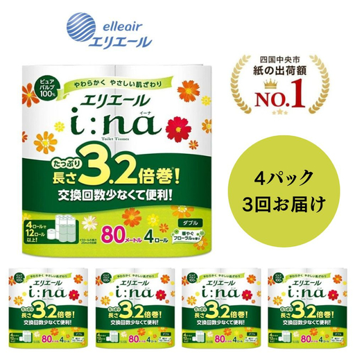 [3ヶ月毎月定期便]エリエール ina (イーナ) トイレット 3.2倍巻 16R(4R×4パック)ダブル