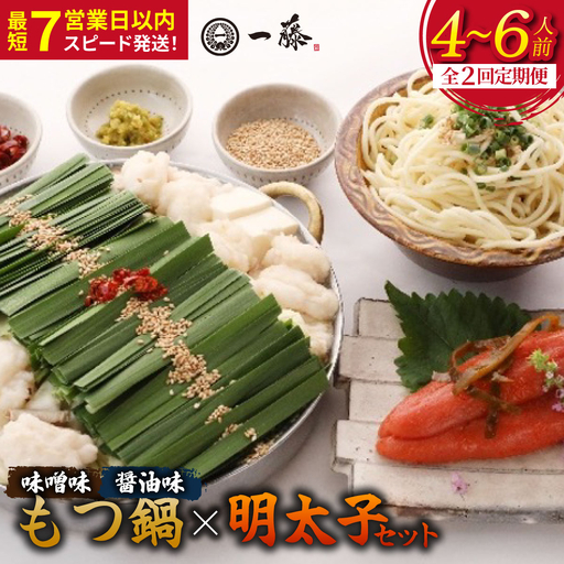 [定期便2回]国産黒毛和牛肉のもつ鍋4〜6人前とかば田の辛子明太子 コラボセット(醤油・味噌 各2〜3人前)『もつ鍋一藤×かば田』[SC017]