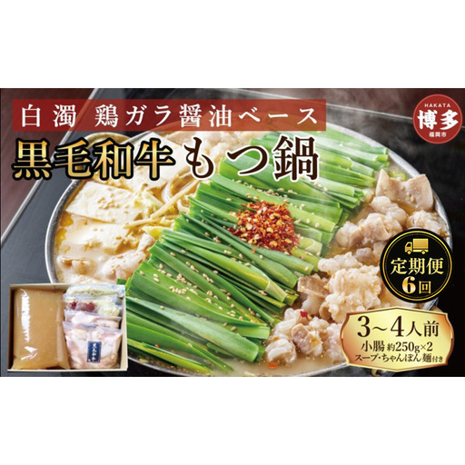 定期便 6回 【福岡市】 黒毛和牛 もつ鍋 白濁 鶏ガラスープ醤油スープ 3～4人前セット