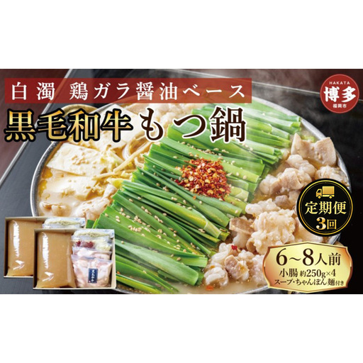 定期便 3回 【福岡市】 黒毛和牛 もつ鍋 白濁 鶏ガラスープ醤油スープ 6～8人前セット