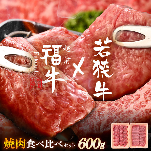 若狭牛 × 越前福牛 極選焼肉食べ比べセット 600g (各300g) 焼き肉 国産和牛 ブランド牛 冷凍 贈答 ギフト [B-1810]
