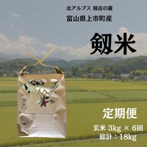 【毎月1回お届け】【定期便】【令和7年産】上市町産コシヒカリ「剱米」（玄米）3kg x 6回 計18kg　 [ソムリエH 富山県 上市町 32280253-r6-02】 米 ６ヶ月 6回定期便 定期購入 お米 コメ ご飯 ごはん 玄米ご飯 玄米ごはん こしひかり