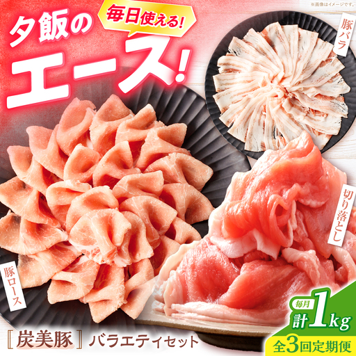 [3回定期便] 西海市産 「炭美豚」 豚肉詰め合わせ バラエティセット 計1kg (3種)[宮本畜産] 豚肉 セット 豚 便利 しゃぶしゃぶ 切り落とし バラ 冷凍 国産 料理 使いやすい 甘い 塊 ブランド ポーク 長崎 西海