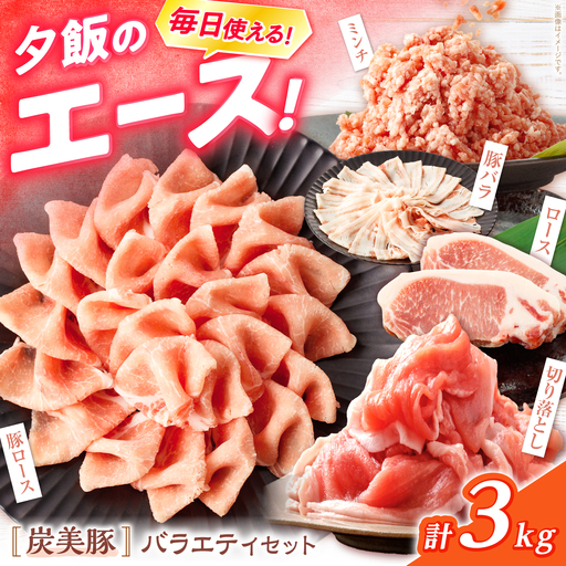 西海市産 「炭美豚」 豚肉詰め合わせ バラエティセット 計3kg (5種)[宮本畜産] 豚肉 セット 豚 便利 しゃぶしゃぶ 切り落とし バラ ロース 冷凍 国産 料理 使いやすい 甘い 塊 ブランド豚 ポーク 長崎 西海