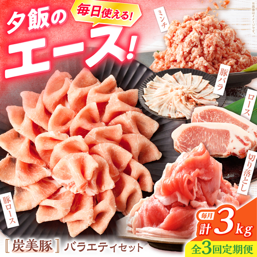 [3回定期便] 西海市産 「炭美豚」 豚肉詰め合わせ バラエティセット 計3kg (5種)[宮本畜産] 豚肉 セット 豚 便利 しゃぶしゃぶ 切り落とし バラ ロース 冷凍 国産 料理 使いやすい 甘い 塊 ブランド ポーク 長崎 西海