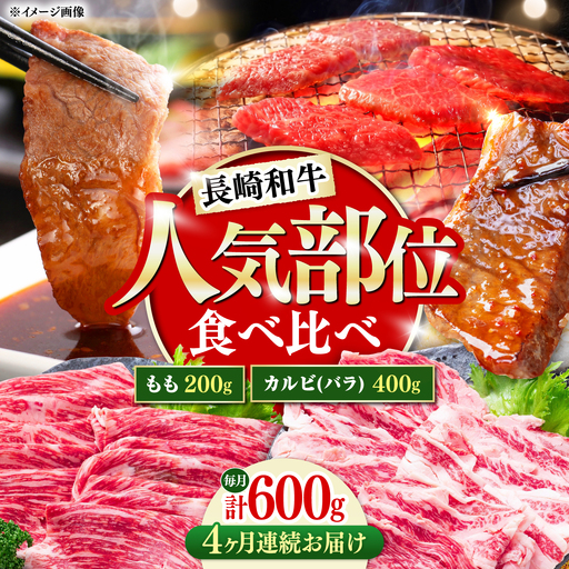 【4回定期便】長崎和牛 焼き肉 食べ比べセット もも カルビ 600g / 牛肉 焼肉 やき肉 ぎゅうにく / 南島原市 / 贅沢宝庫[SDZ068]