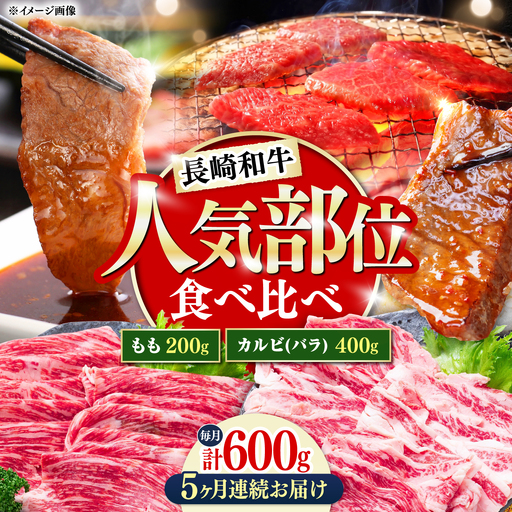 【5回定期便】長崎和牛 焼き肉 食べ比べセット もも カルビ 600g / 牛肉 焼肉 やき肉 ぎゅうにく / 南島原市 / 贅沢宝庫[SDZ069]