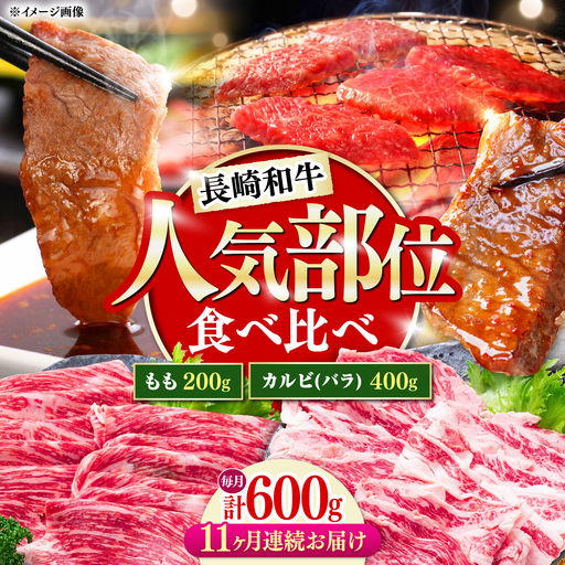 【11回定期便】長崎和牛 焼き肉 食べ比べセット もも カルビ 600g / 牛肉 焼肉 やき肉 ぎゅうにく / 南島原市 / 贅沢宝庫[SDZ075]