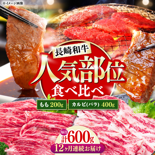【12回定期便】長崎和牛 焼き肉 食べ比べセット もも カルビ 600g / 牛肉 焼肉 やき肉 ぎゅうにく / 南島原市 / 贅沢宝庫[SDZ076]