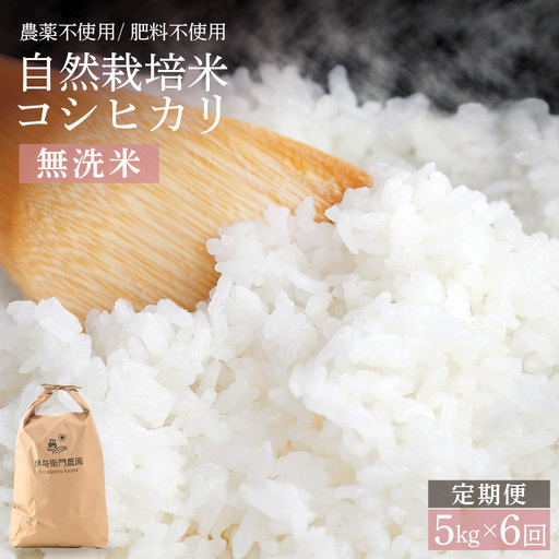 【先行予約】【令和8年産】定期便 ≪6ヶ月連続お届け≫ 自然栽培米コシヒカリ 無洗米5kg×6回（計30kg） ＜温度と湿度を常時管理し新鮮米を出荷！＞/ 米 白米 自然の力 高品質 鮮度抜群 ブランド米 福井県 あわら市産 スマート農業 ※2026年10月下旬以降順次発送 [aw071-k002]