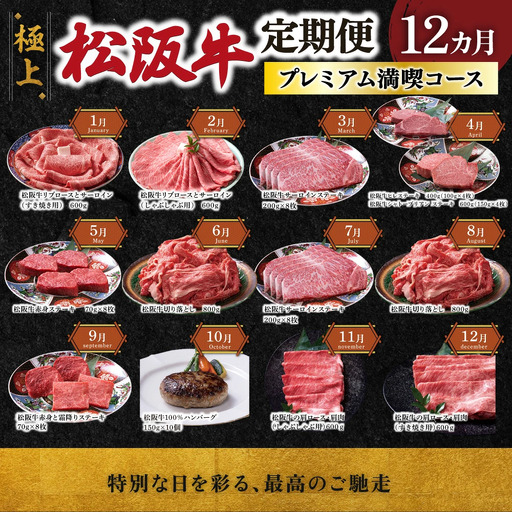 極上松阪牛 プレミアム満喫コース (定期便 12か月) 全12回 牛追道中 US35[M1863]