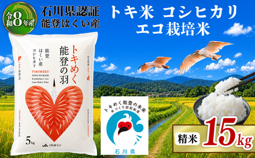 令和8年産 先行予約 新米予約 石川県産 コシヒカリ トキ米 精米 単品 15kg ( 5kg × 3袋 ) エコ栽培米