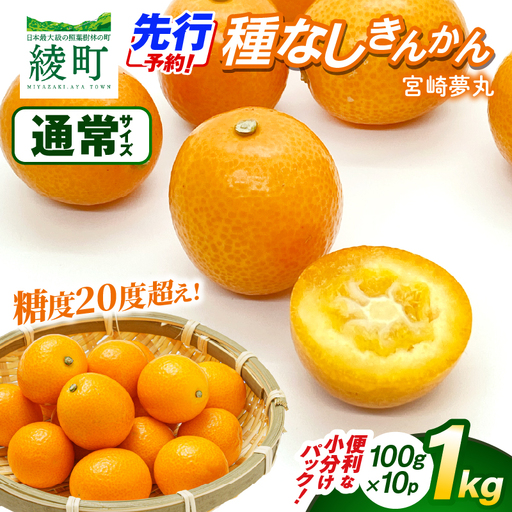 【先行予約】種なし きんかん「宮崎夢丸」 1kg （100g×10p）数量限定 種無し 果物 フルーツ くだもの 柑橘 金柑 プレミア おすすめ ギフト 贈り物 贈答 おやつ スイーツ デザート 糖度が高い 常温 産地直送 宮崎県 綾町 送料無料【JA綾町】_A0114-2611