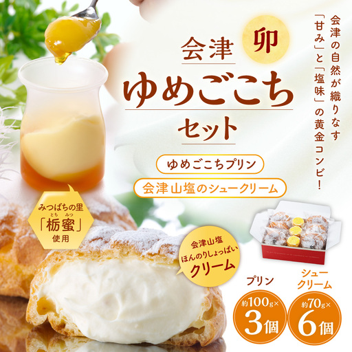 会津ゆめごこちセット卯 ( SP63 ) ( 会津山塩のシュークリーム 約70g × 6個 / ゆめごこちプリン 約100g × 3個 ) お菓子 菓子 おかし スイーツ プリン ぷりん シュークリーム 洋菓子 焼菓子 山塩 セット 詰め合わせ 食べ比べ