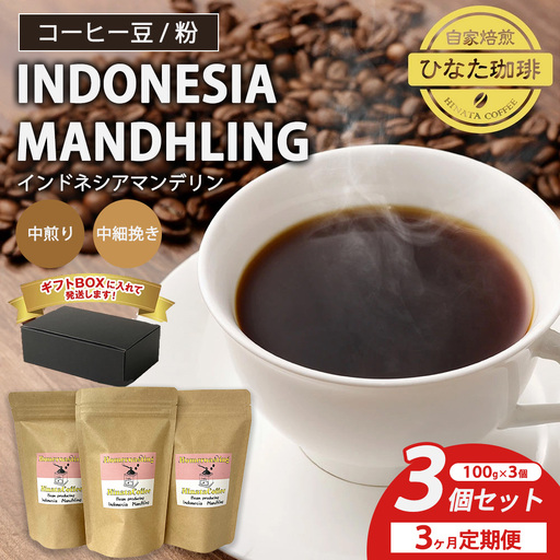 [3カ月定期便]コーヒー 豆 粉(インドネシア マンデリン 中煎り 中細挽き)100g × 3個セット | ミディアムロースト ギフトBOX付き コーヒー 珈琲 自家焙煎 ひなた珈琲 幸田町 送料無料