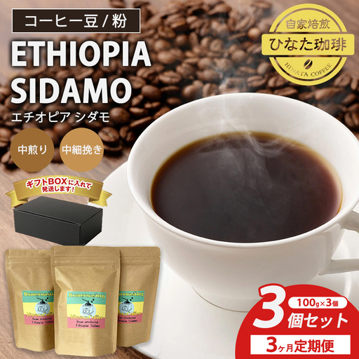 [3カ月定期便]コーヒー 豆 粉(エチオピア シダモ 中煎り 中細挽き)100g × 3個セット | ミディアムロースト ギフトBOX付き コーヒー 珈琲 自家焙煎 ひなた珈琲 幸田町 送料無料