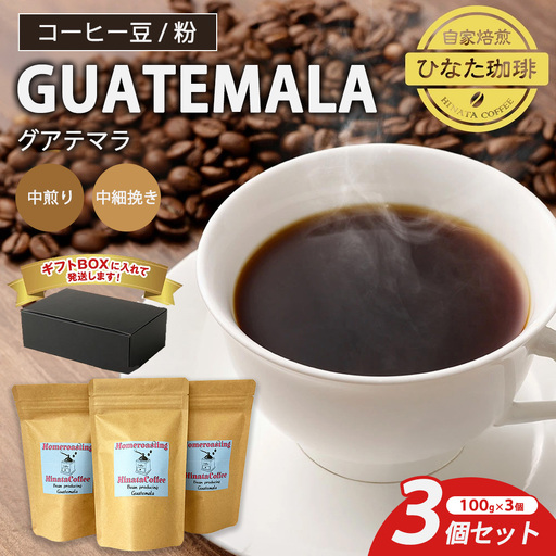 コーヒー 豆 粉(グアテマラ 中煎り 中細挽き)100g × 3個セット | ミディアムロースト ギフトBOX付き コーヒー 珈琲 自家焙煎 ひなた珈琲 幸田町 送料無料