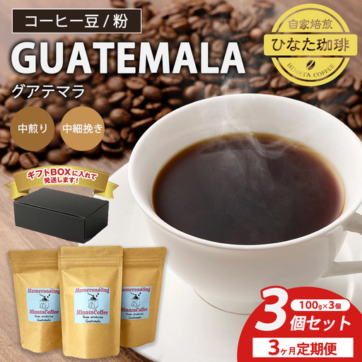 [3カ月定期便]コーヒー 豆 粉(グアテマラ 中煎り 中細挽き)100g × 3個セット | ミディアムロースト ギフトBOX付き コーヒー 珈琲 自家焙煎 ひなた珈琲 幸田町 送料無料