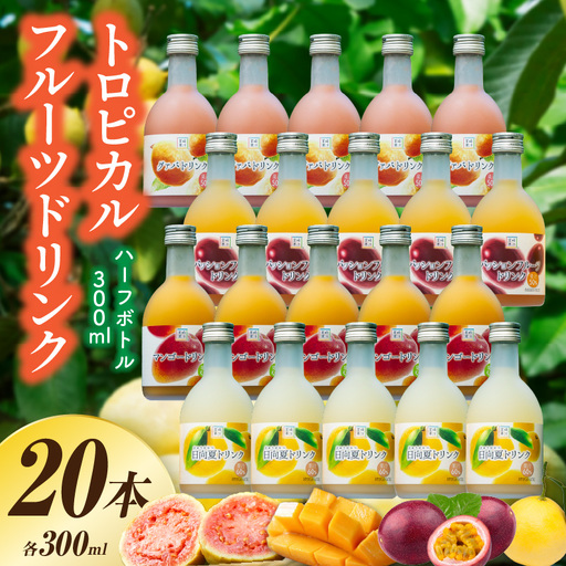 驚きの果実感！トロピカルフルーツドリンク・ハーフボトル20本セット(合計20本・各300ml×5本、マンゴー、グァバ、パッションフルーツ、日向夏)_K021-029