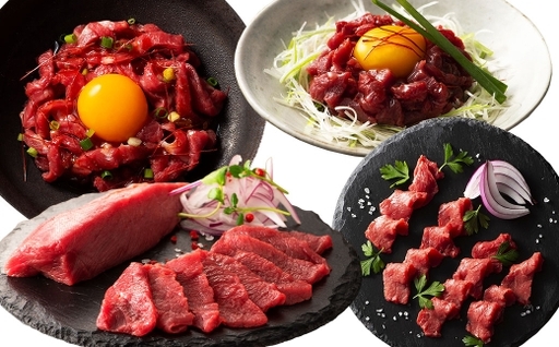 [ R8年熊本地震復興支援 ][ 本場 ・ 熊本特産 ] 馬刺し4種の食べ比べセット ( ふじ馬刺し上赤身 ・ ユッケ、国産赤身 ・ ユッケ ) 馬刺 お肉 肉 ニク にく 馬肉 馬 赤身 タレ付き 生姜 生姜付き 食べ比べ セット 詰め合わせ 冷凍