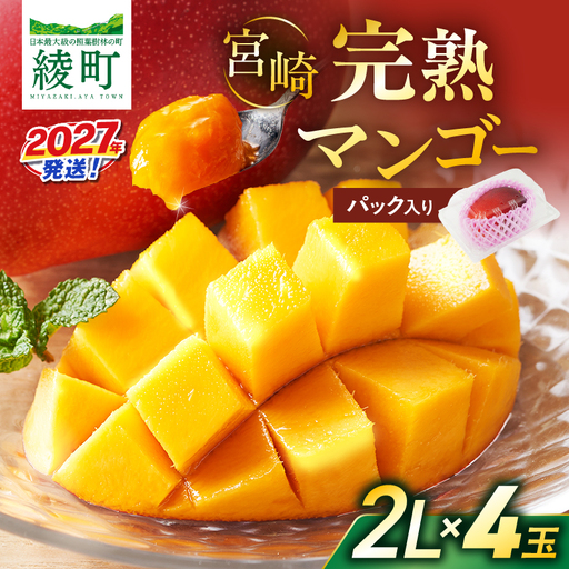 先行予約 数量限定 完熟マンゴー 2L×4玉（パック）マンゴー 宮崎 果物 フルーツ くだもの 2027年 国産 高級 マンゴージュース 南国フルーツ おすすめ デザート ギフト 贈り物 プレゼント 贈答 冷蔵 綾町 送料無料 【JA綾町】_A0114-264