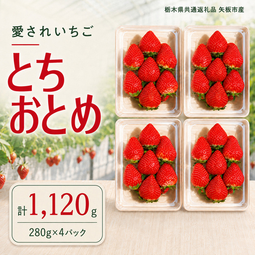澳原さんの「とちおとめ」 1,120g (280g×4P)| 栃木県共通返礼品 矢板市産 いちご 果物 フルーツ 栃木県下野市