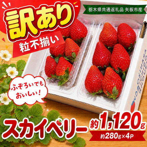 訳あり 粒不揃い スカイベリー 1,120g (280g×4P) | 栃木県共通返礼品 矢板市産 いちご 果物 フルーツ 栃木県下野市