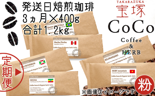 【宝塚】3ヶ月の定期便(発送日自家焙煎珈琲豆・全6種 計1.2kg)【粉】