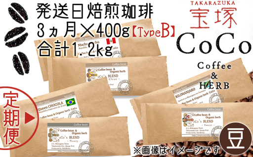 【宝塚】3ヶ月の定期便B(発送日自家焙煎珈琲豆・全6種 計1.2kg)【豆】