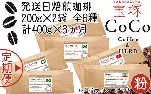 【宝塚】6ヶ月の定期便(発送日自家焙煎珈琲豆・全6種 計2400g)【粉】