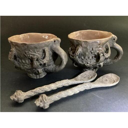 縄文・火焔型土器のコーヒーカップ・マグカップ+縄文スプーン　2個セット　7.5cm×174ｇ 手作り 工芸品 食器 新潟市