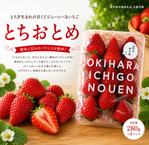 【先行予約】いちご とちおとめ 1120g (280g×4P) | 栃木県 那珂川町 送料無料
