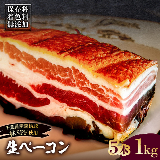 生ベーコン【保存料・着色料無添加】《国産銘柄豚 林SPFプレミアムポーク 豚バラ》5本 1kg 【kt088-005-3】