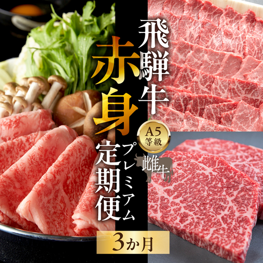 飛騨牛 A5 牝牛 赤身プレミアム 3か月定期便 ステーキ しゃぶしゃぶ すき焼き 3回 牛肉 モモ 焼肉 高級 黒毛和牛 和牛