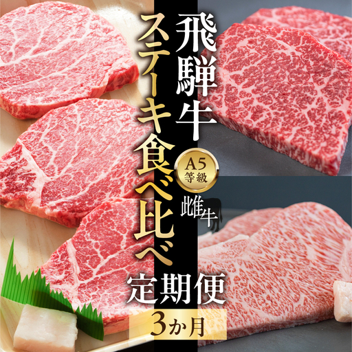 飛騨牛　A5 牝牛 ステーキ食べ比べ 3か月定期便 ステーキ 3回 ヒレ 赤身 霜降り サーロイン　牛肉 モモ 焼肉 高級 黒毛和牛 和牛