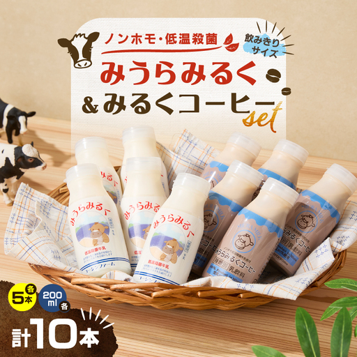 ＜飲みきりサイズ＞みうらみるく 200ml×5本・みうらみるくコーヒー 200ml×5本 計10本 M091-003-01 牛乳 ノンホモ牛乳