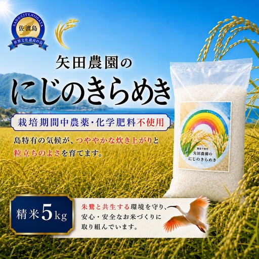 【令和8年産】佐渡産にじのきらめき 精米5kg 栽培期間中 農薬・化学肥料不使用 矢田農園