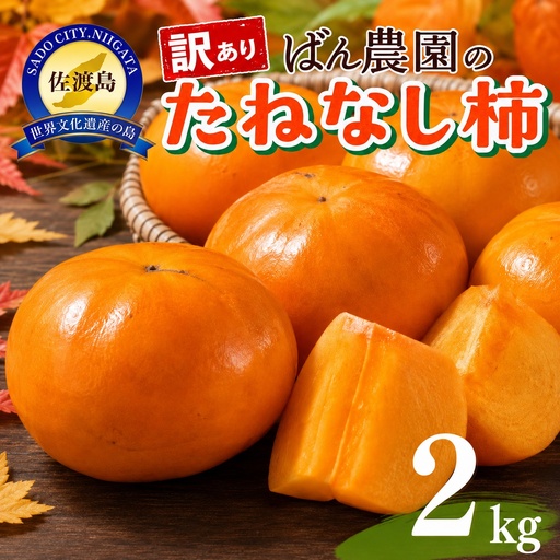 [2026年10月以降発送][訳あり]佐渡島産 たねなし柿 2kg 平核無柿・刀根早生 渋抜き済み 羽茂産 ばん農園
