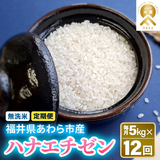 [先行予約][令和8年産]定期便 ≪12ヶ月連続お届け≫ 華越前 無洗米 5kg×12回 (計60kg)/ 米 5キロ 60キロ ハナエチゼン はなえちぜん 北陸 福井県産 あわら市 ブランド米 白米 お米 コメ こめ むせんまい ※2026年10月上旬以降順次発送 [aw056-i001]