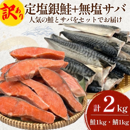 [訳あり] 定塩銀鮭 約 1kg / 無塩サバフィレ 約 1kg 切り身 セット 合計 2kg 食べ比べ 詰め合わせ 鮭 サバ 塩鮭 甘塩 無塩さば おかず お弁当 切身 焼き魚 宮城県 石巻市