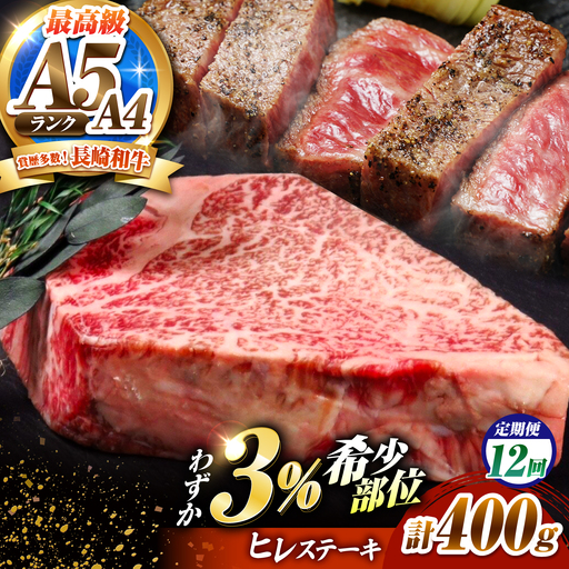 【12回定期便】ヒレステーキ 400g(200g×2枚)長崎和牛 希少部位 / ヒレ ひれ フィレ ふぃれ 牛肉 赤身 A4 A5 / 南島原市 / KRAZY MEAT[SHF021]
