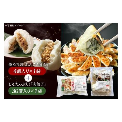 レンコンまん 肉餃子 俺たちのれんこんまん 4個×1袋 しそたっぷり肉餃子 30個×1袋 ローズポーク ブランド豚 肉まん 餃子  中華 そうざい 蓮根 シソ 惣菜  レンコン 時短 レンジ調理　簡単調理 冷凍 【茨城県共通返礼品/行方市産】（96-06）