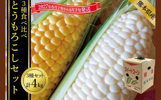 とうもろこし3種食べ比べ(スイートコーン／ゴールドラッシュ／ピュアホワイト等)計約4kg 【2027年6月上旬から6月下旬発送】 とうもろこし トウモロコシ 3種 食べ比べ スイートコーン ゴールドラッシュ ピュアホワイト等 4kg 野菜 お野菜 やさい 熊本県産 国産